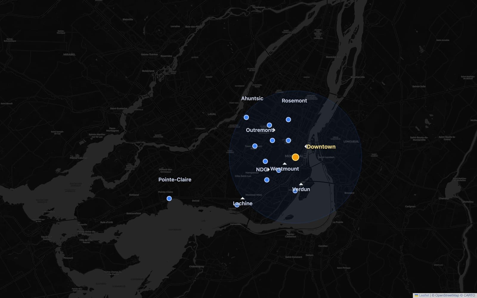 Map of Montreal showing Beacon service areas and the downtown dispatch hub
